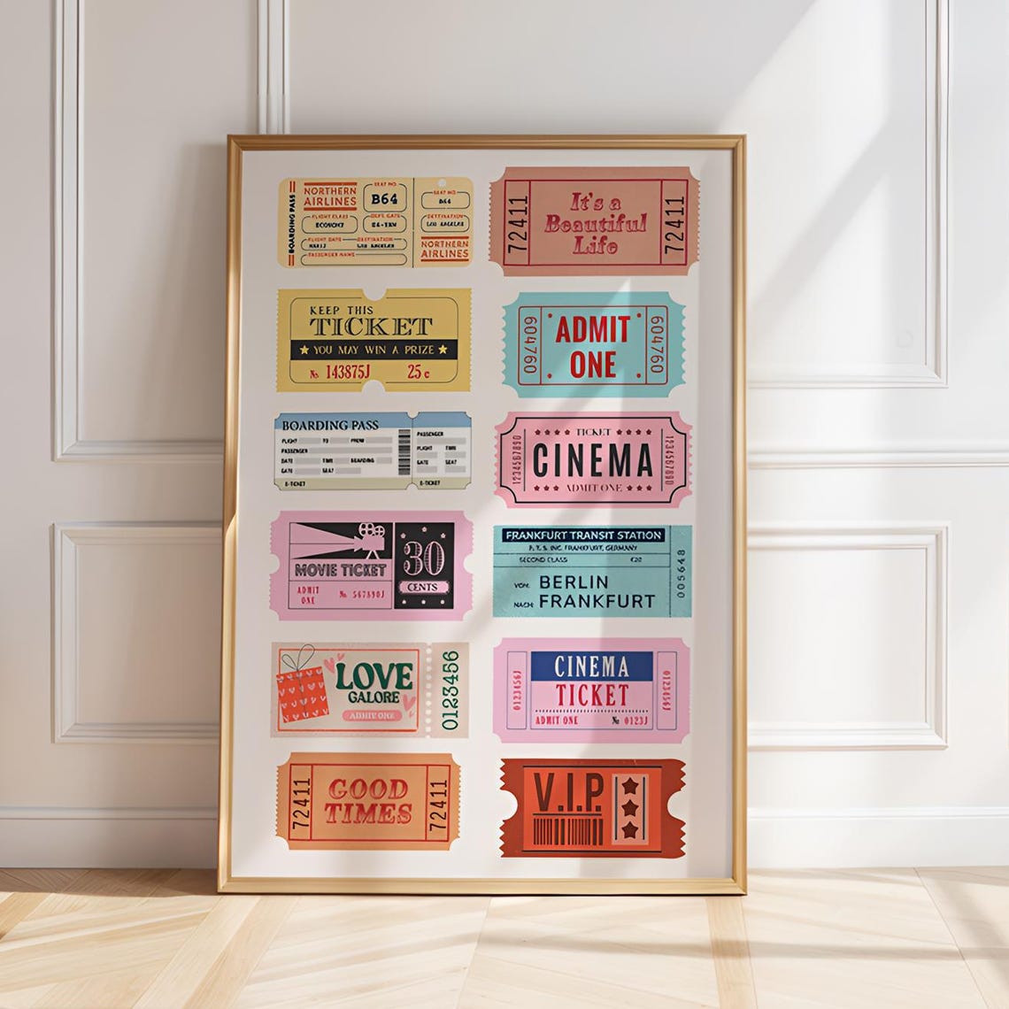 Vintage Ticket Stub Collage Cinema Boarding Pass Retro Art Poster