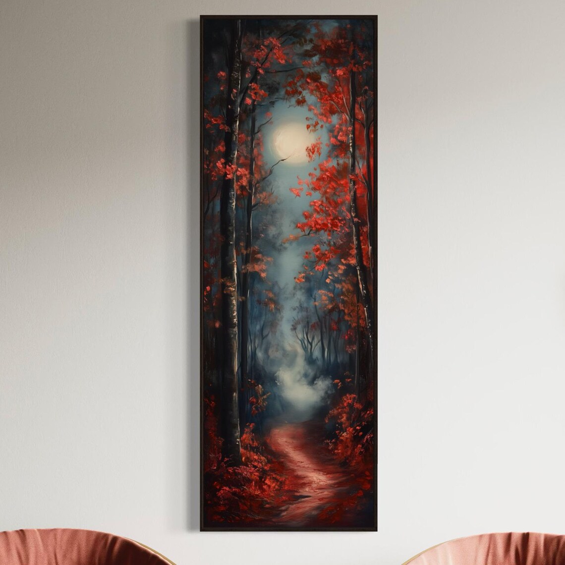 Moonlit Autumn Forest Red Leaves Foggy Path Narrow Wall Art Poster - Image 4