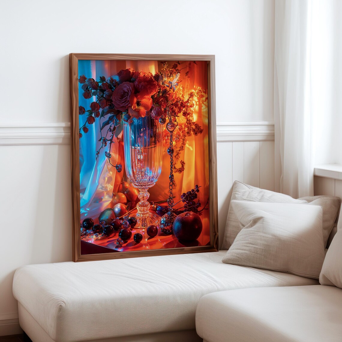 Crystal Vase Red Roses Blue Orange Glow Photorealism Still Life Poster