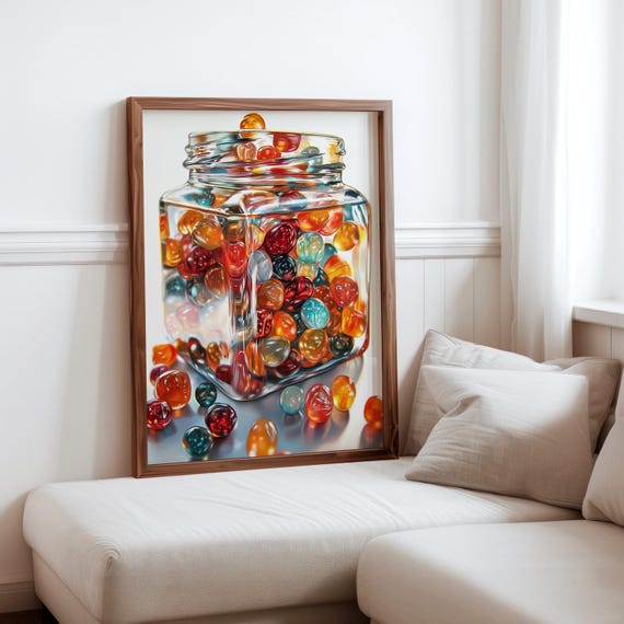 Charles Bell Inspired Photorealism Poster Vintage Gumball Print Colourful Retro Sweetshop Hyper Realistic Candy Machine 1980s