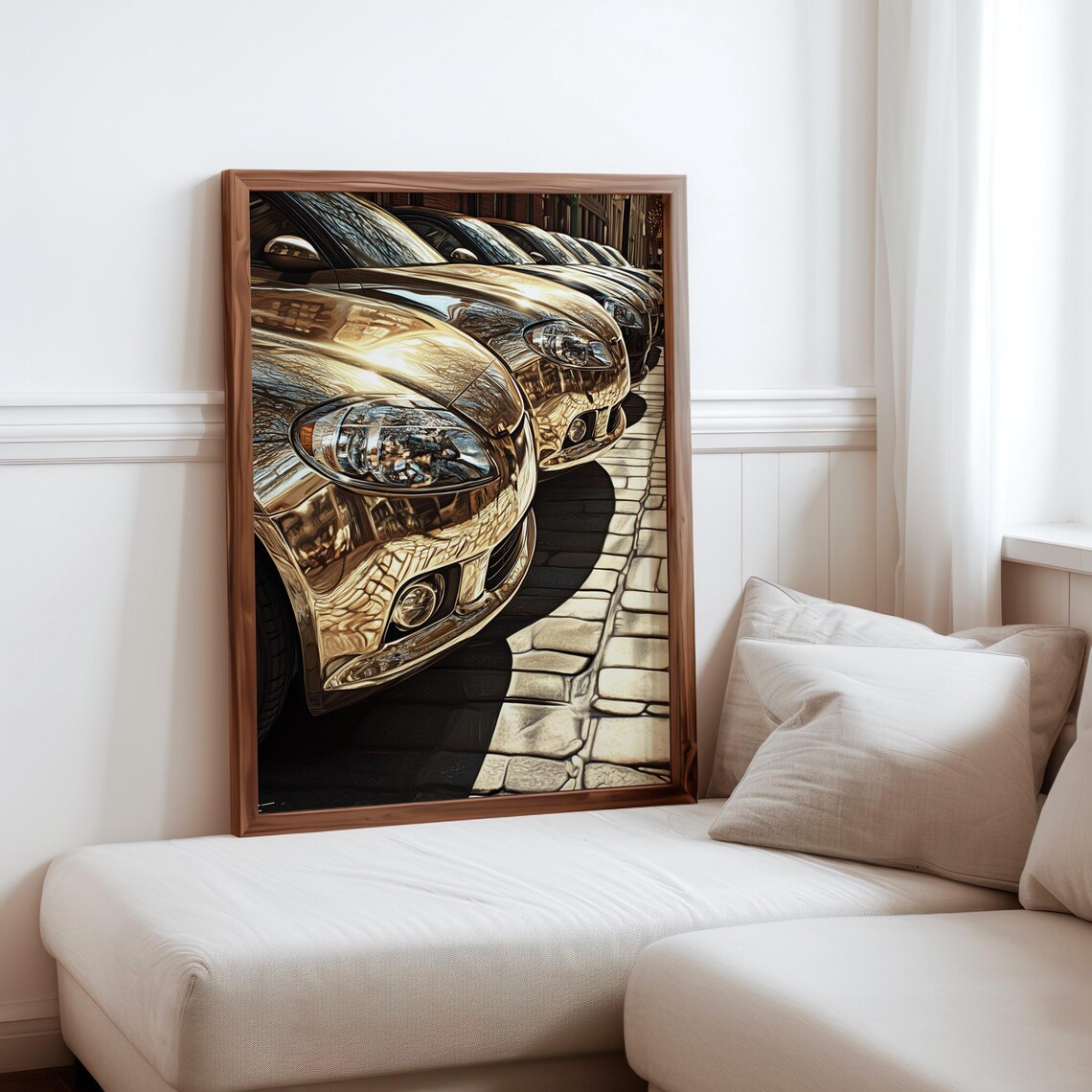 Chrome Sports Cars Cobblestone Street Golden Reflection Auto Poster
