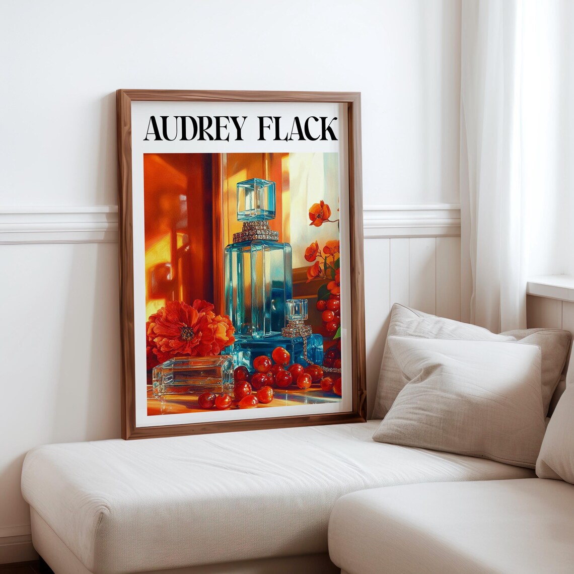 Audrey Flack Blue Perfume Bottles Dahlia Cherries Still Life Art Print