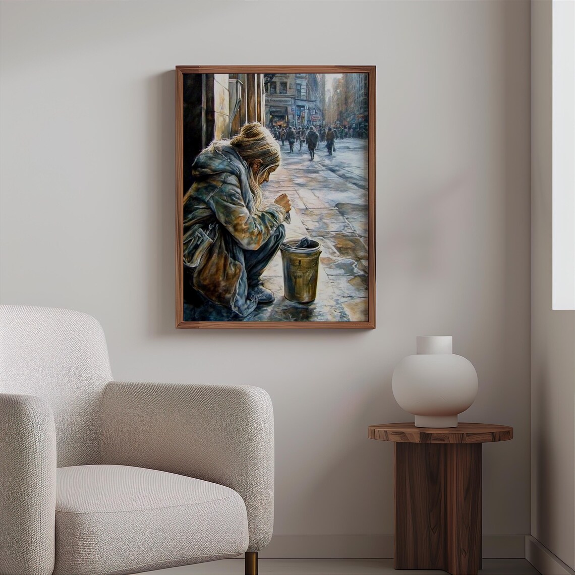 Homeless Person Warming Hands Fire Bucket City Crowd Art Poster - Image 2