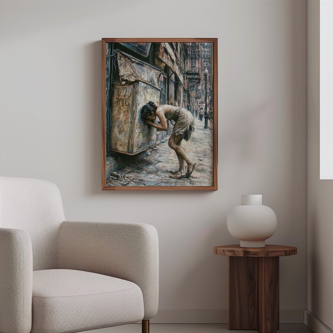 Emaciated Woman Leaning Wall Tattered Clothes Moody Art Poster - Image 2