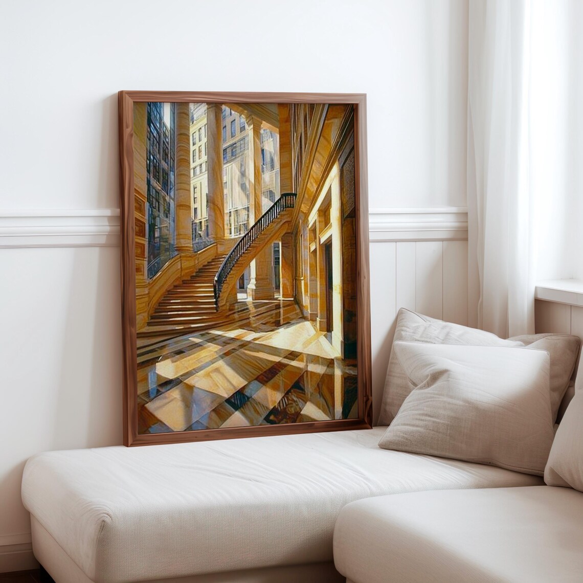 Sunlit City Staircase Reflective Marble Floor Photorealism Wall Art