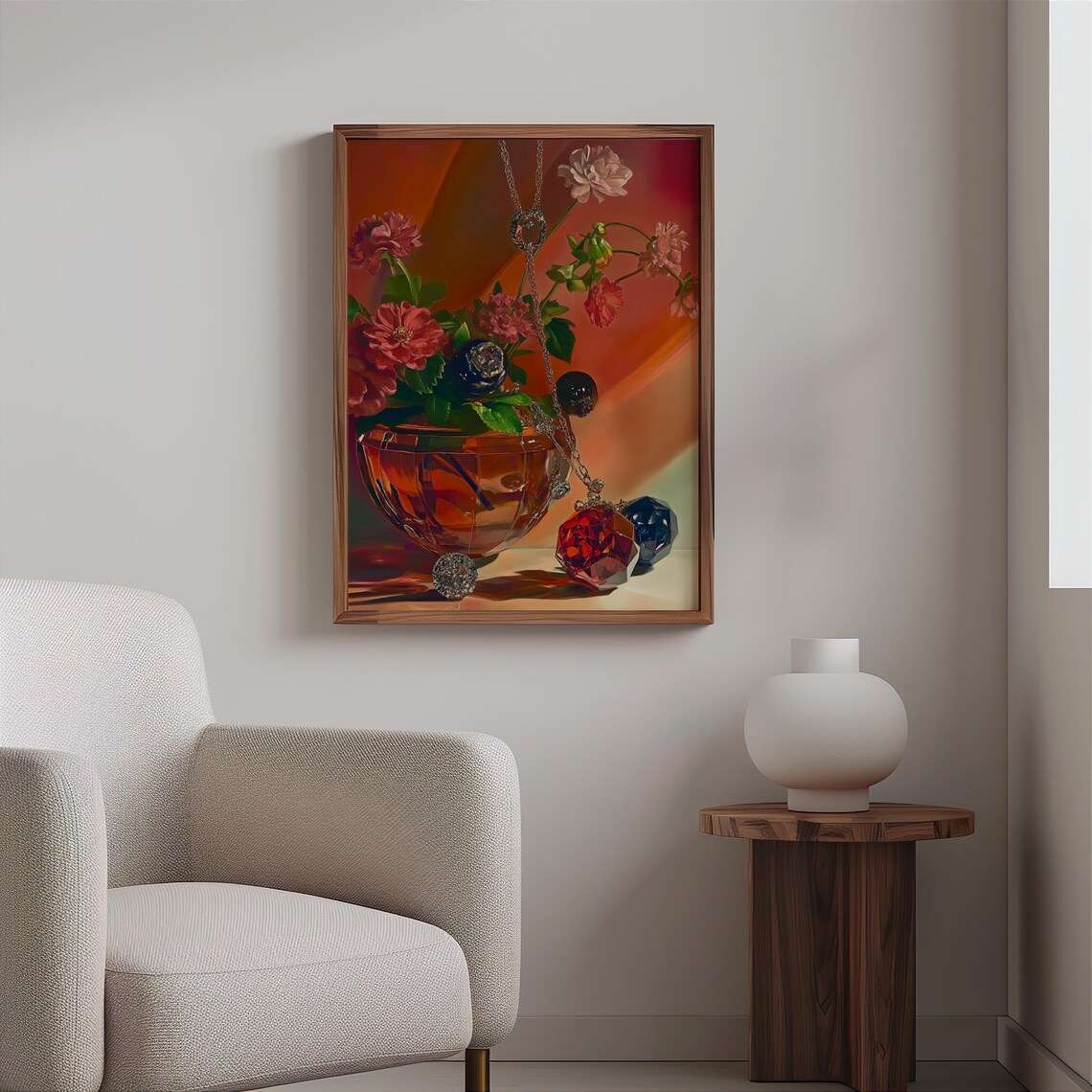 Amber Glass Bowl Flowers Hanging Jewels Still Life Art Print - Image 2