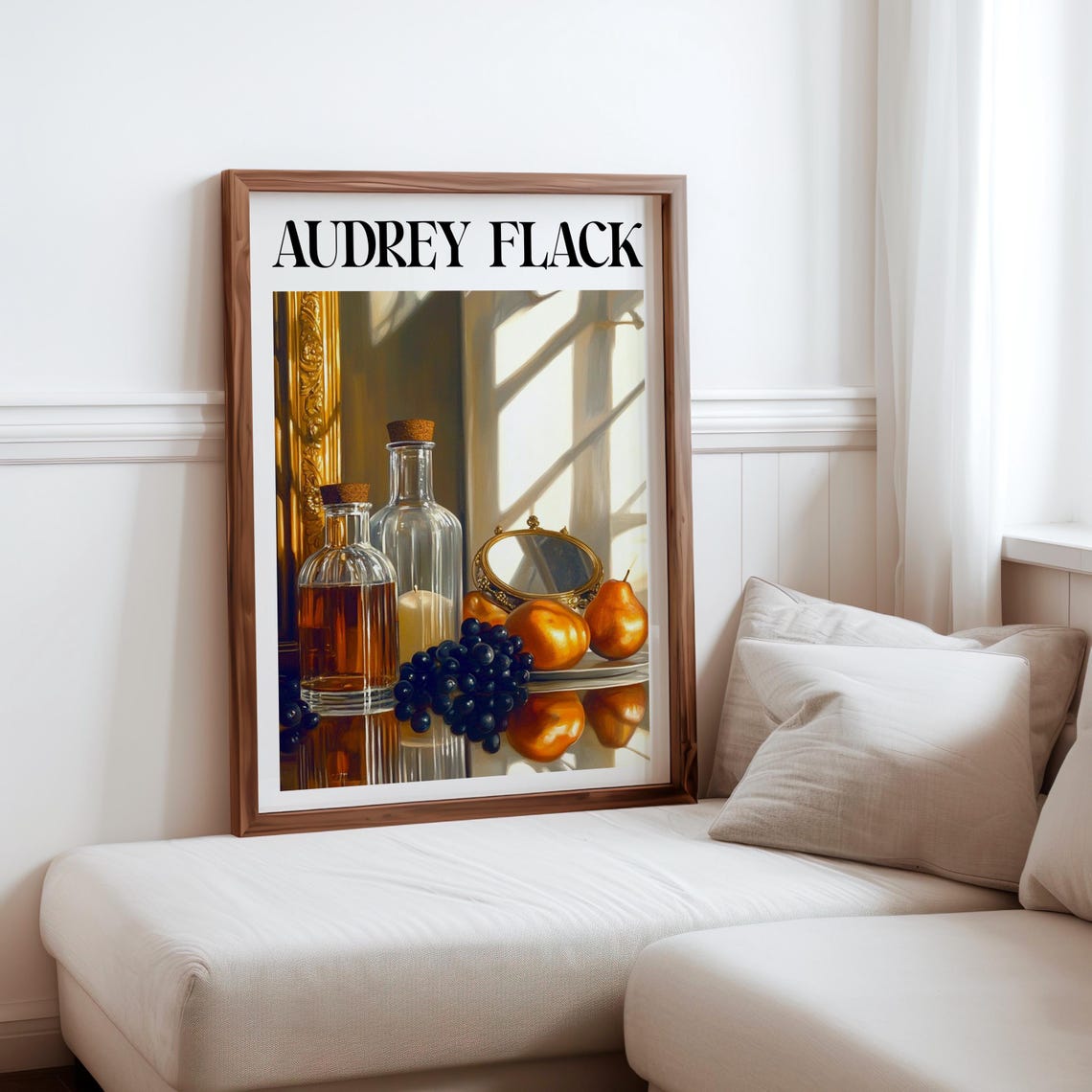 Audrey Flack Inspired Amber Bottles Pears Vanity Mirror Poster