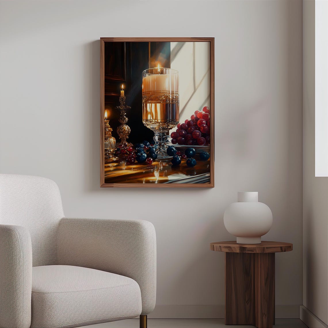 Candlelight in Hurricane Glass with Grapes Still Life Poster - Image 2