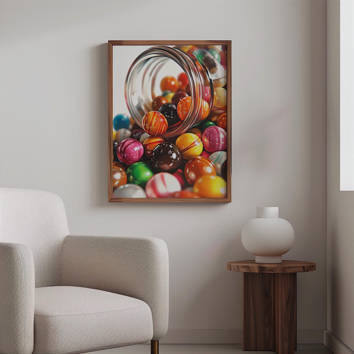 Tipped Glass Jar Spilling Colorful Gumballs Photorealism Poster - Image 2