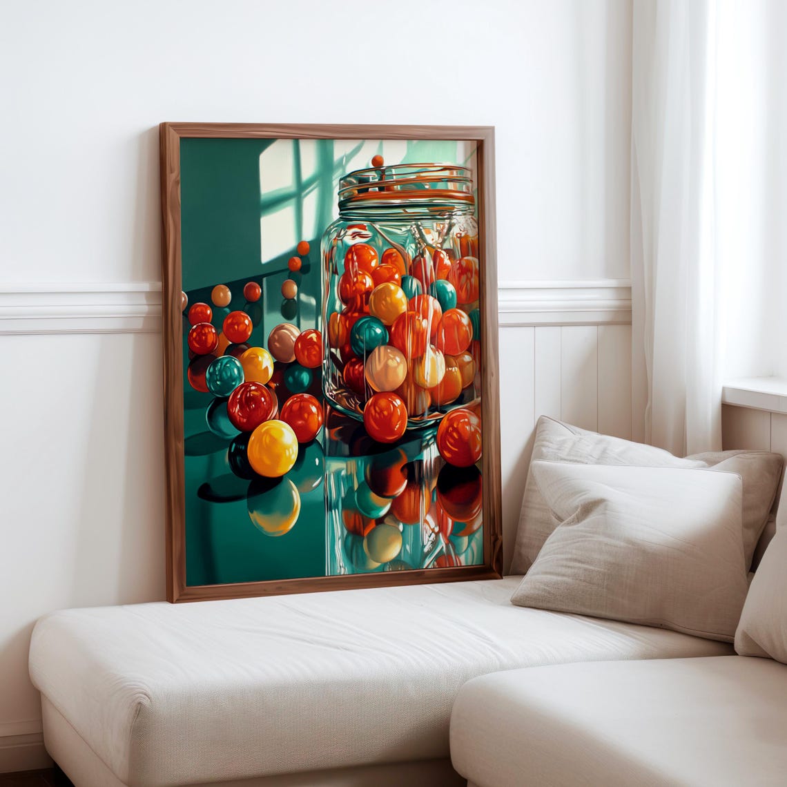Mason Jar Gumballs Teal Window Light Reflections Photorealism Poster