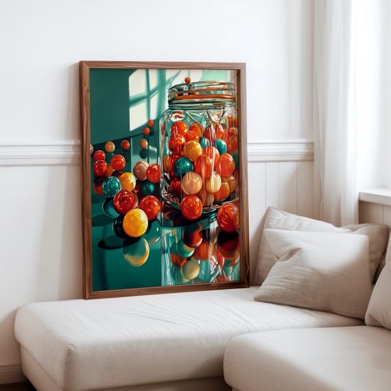 Charles Bell Inspired Photorealism Poster Vintage Gumball Print Colourful Retro Sweetshop Hyper Realistic Candy Machine 1980s