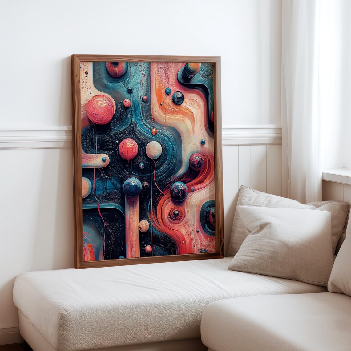 Coral Teal Abstract Swirl Glossy Spheres Photorealistic Art Poster