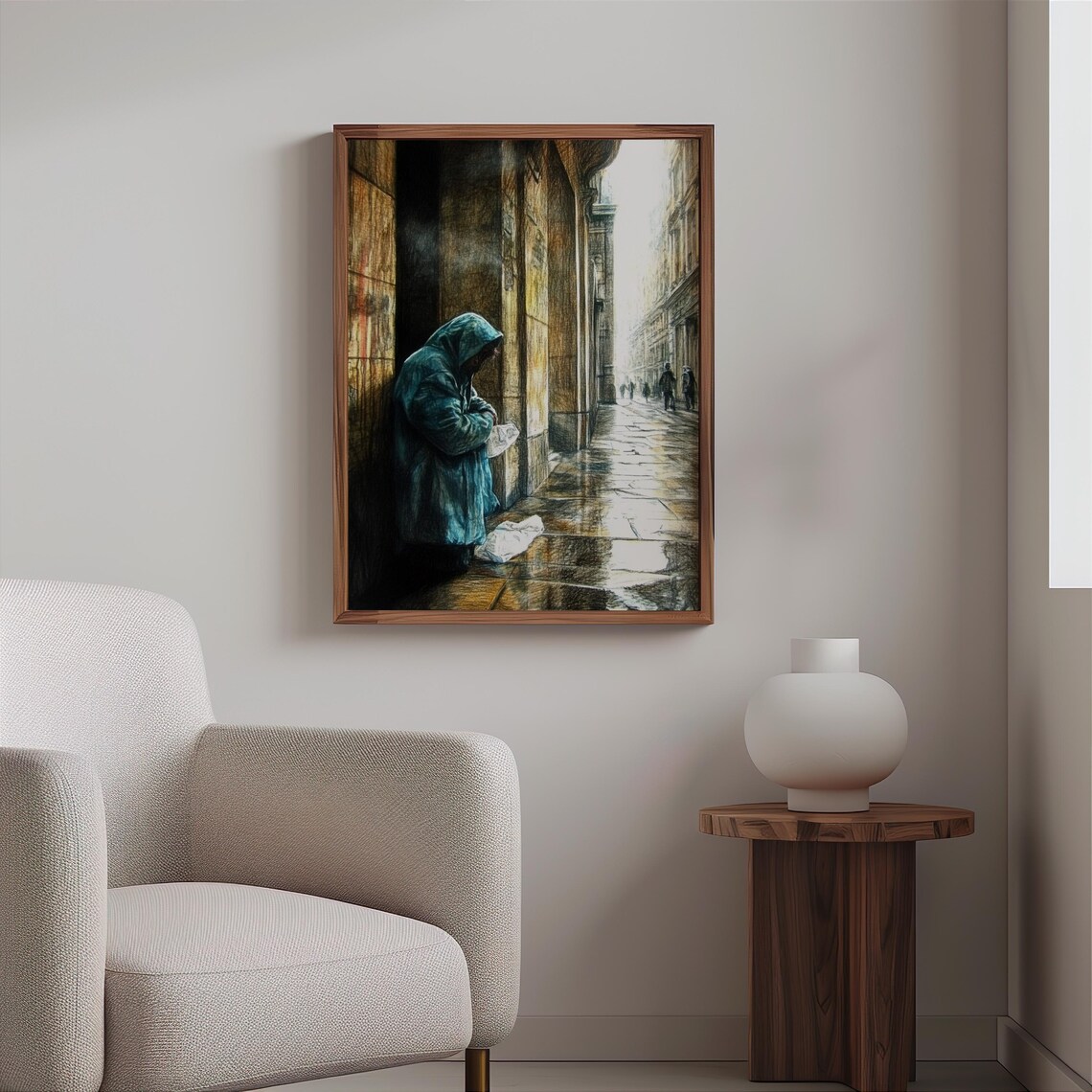 Hooded Figure Rainy Colonnade Wet Cobblestones Photorealism Poster - Image 2