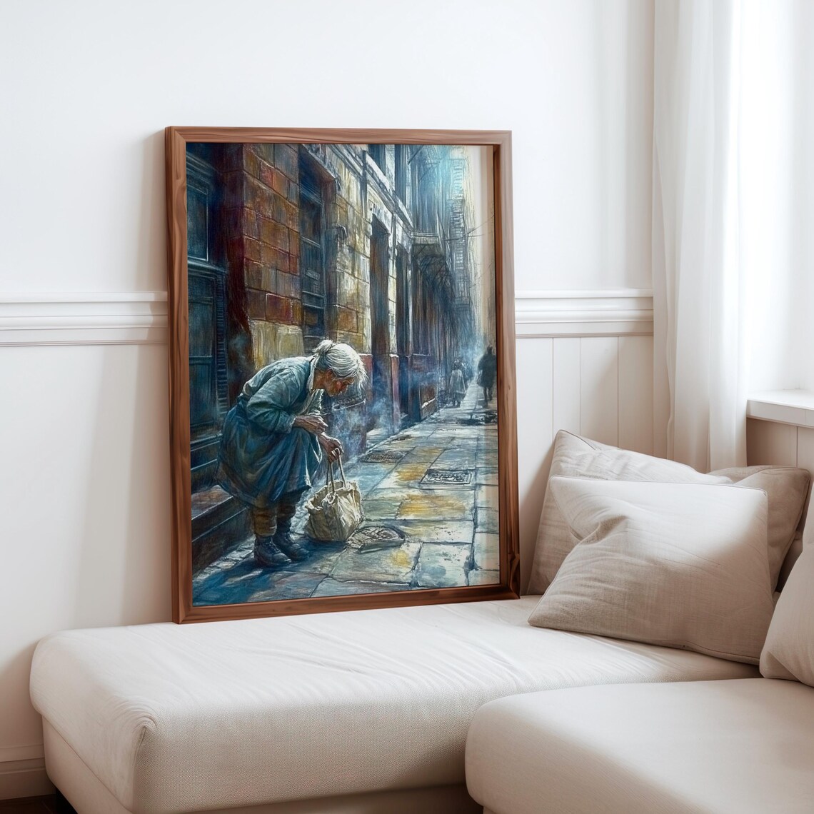Elderly Woman Street Corner Wet Pavement Emotive Photoreal Art Poster