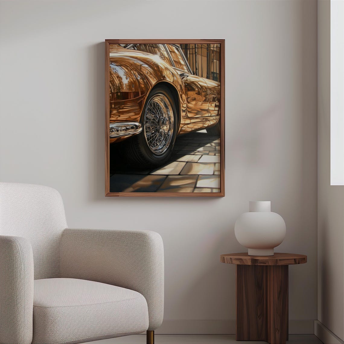 Gold Chrome Car Rear Wheel Cobblestone Street Reflection Poster - Image 2