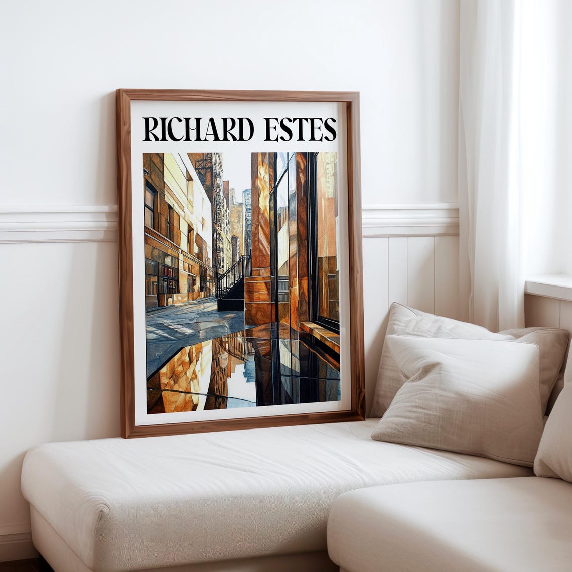 Rainy City Alley Bronze Column Puddle Reflections Photorealism Poster
