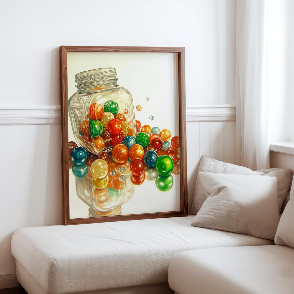 Tipped Glass Jar Spilling Colorful Marbles White Background Poster