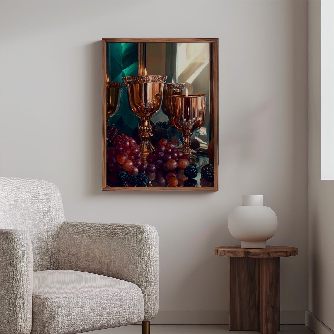 Polished Copper Chalices Grapes Teal Geometric Still Life Art Print - Image 2