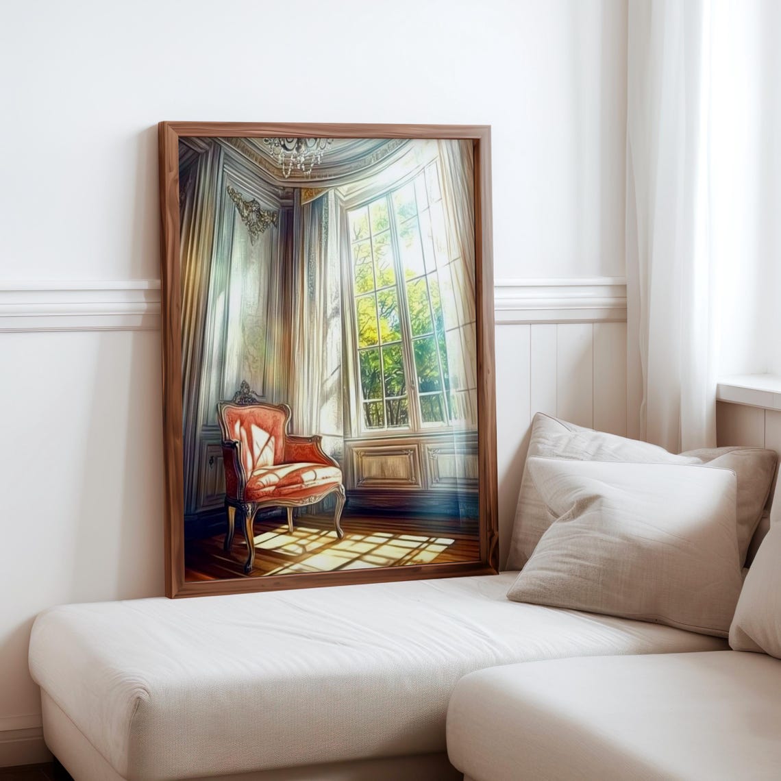 Sunlit Parisian Bay Window Red Armchair Chandelier Interior Print