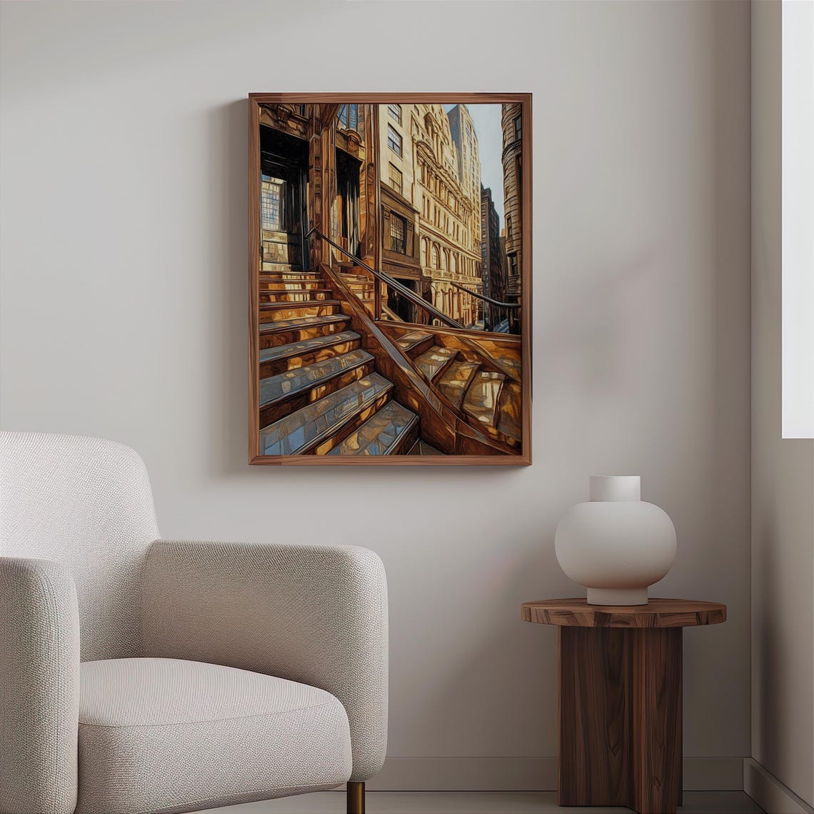 Photorealistic Sunlit Marble Staircase Between City Buildings Poster - Image 2
