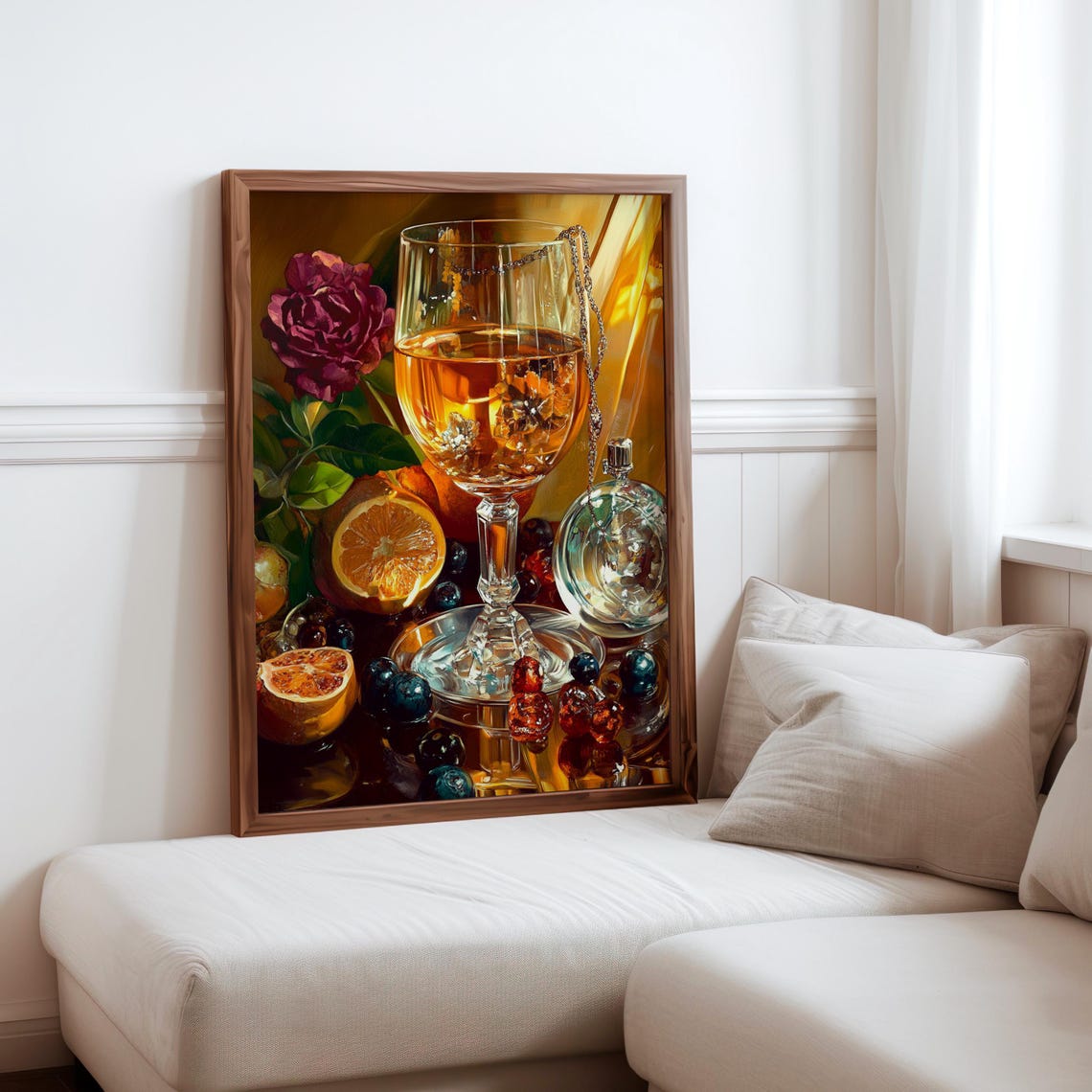 Wine Glass Orange Slices Purple Rose Gold Light Still Life Poster