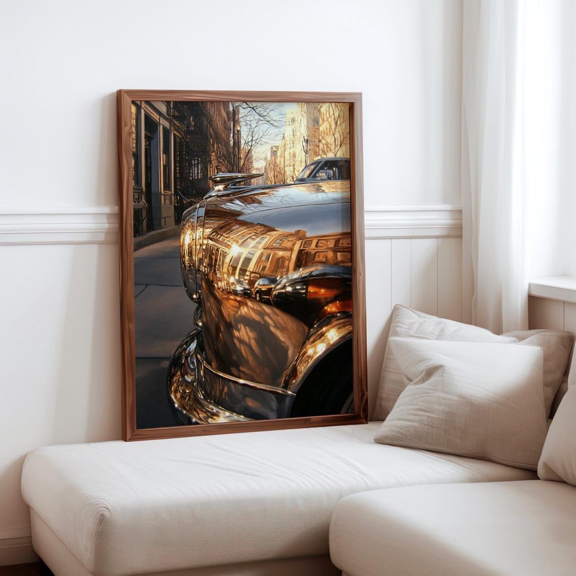 Chrome Fender City Building Reflection Golden Hour Auto Poster