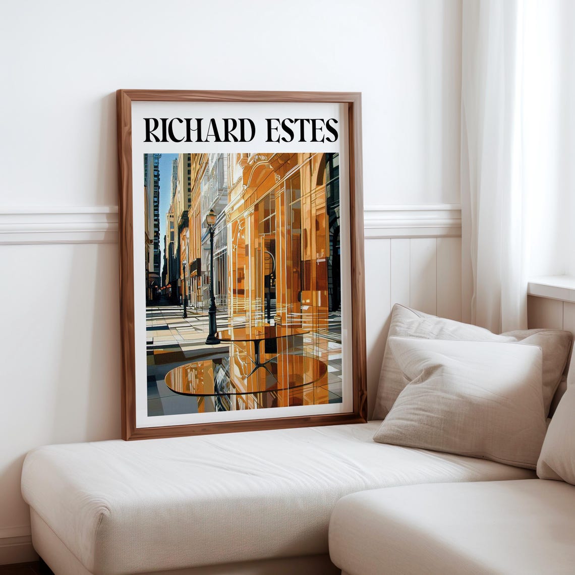 Richard Estes Inspired Golden Storefront Lamp Post Reflection Print