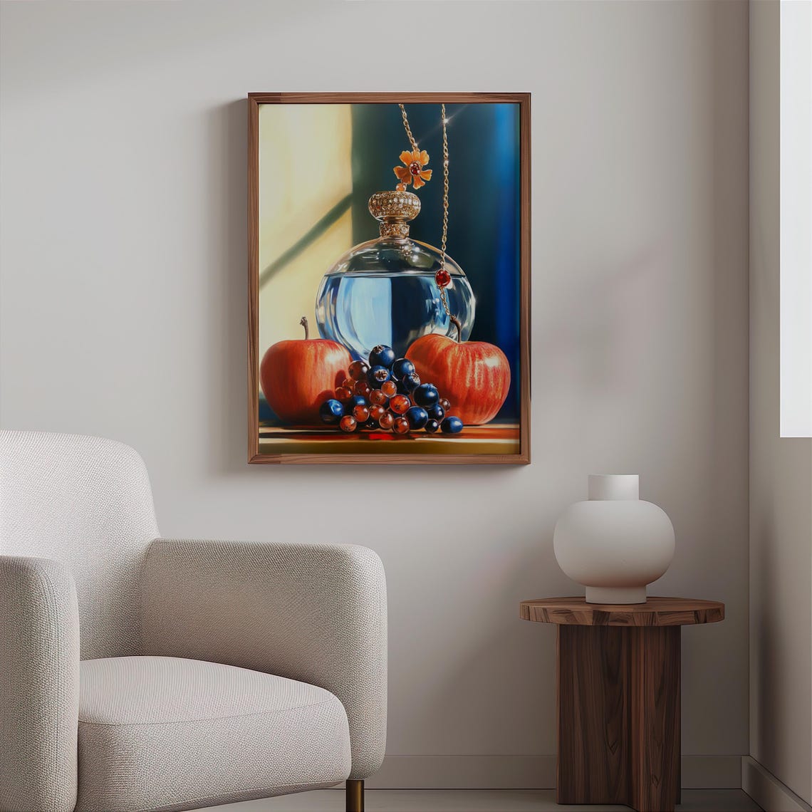 Crystal Perfume Bottle with Apples and Grapes Still Life Poster - Image 2