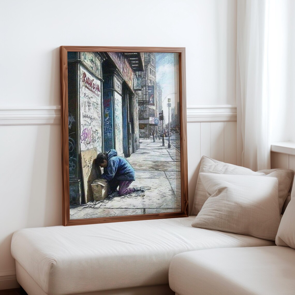 Homeless Person Crouched Graffiti Doorway City Sidewalk Art Poster