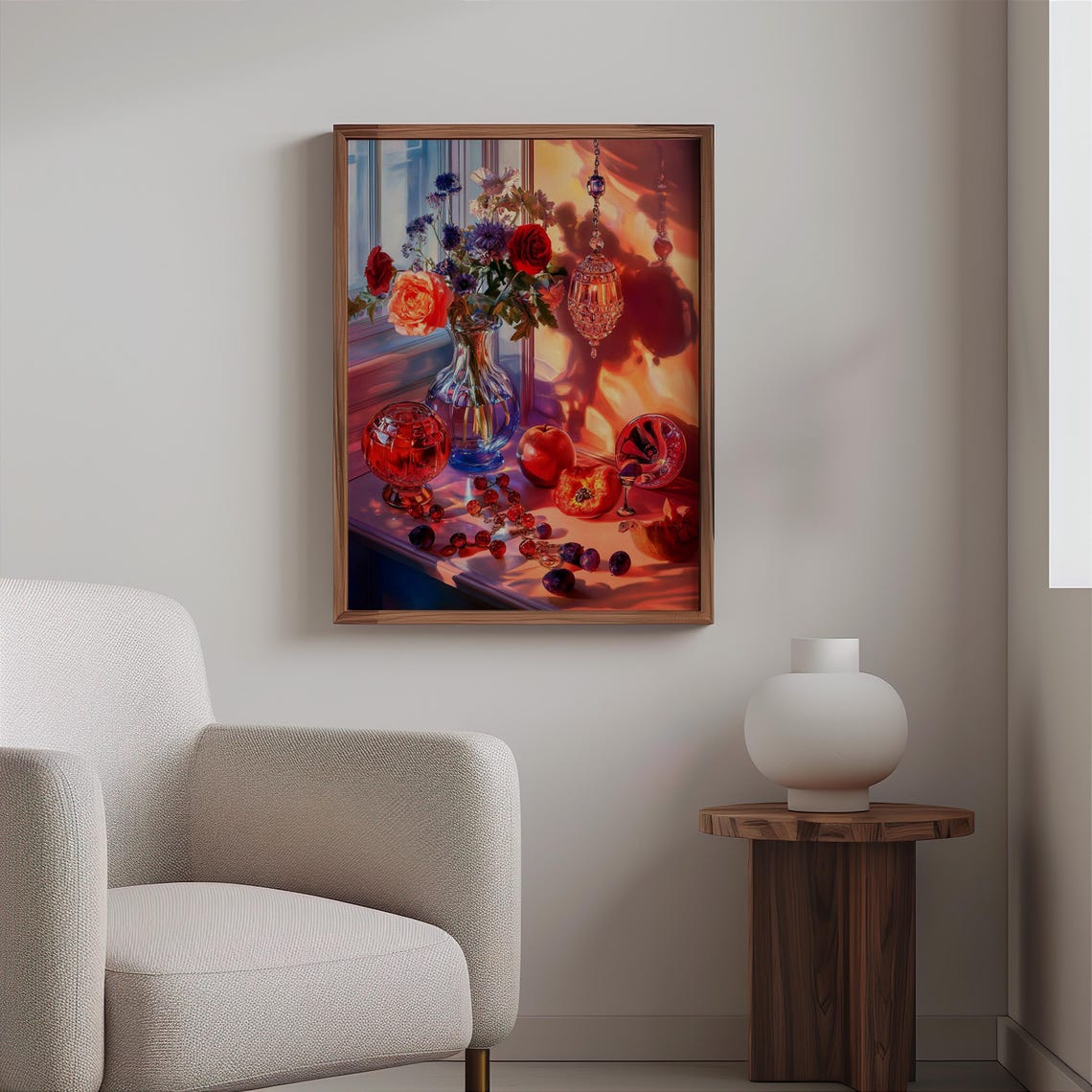 Roses in Glass Vase with Fruit and Beads Still Life Poster Art - Image 2