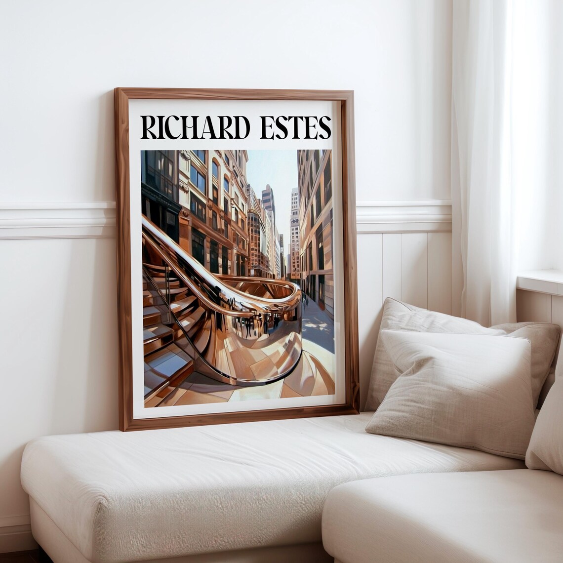 Polished Chrome Ribbon Sculpture Downtown Photorealism City Art Poster