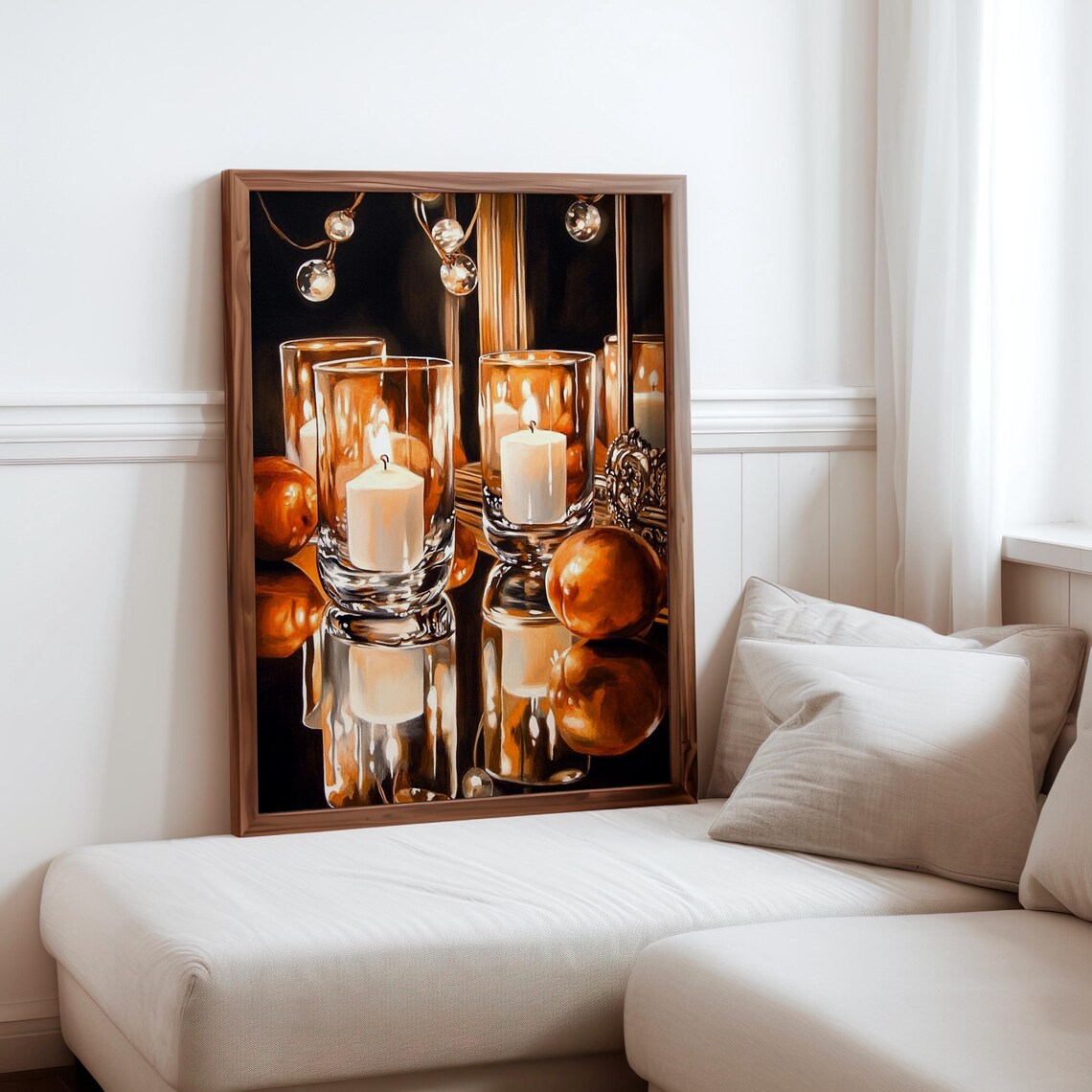 Amber Glass Hurricanes White Candles Oranges Still Life Art Print