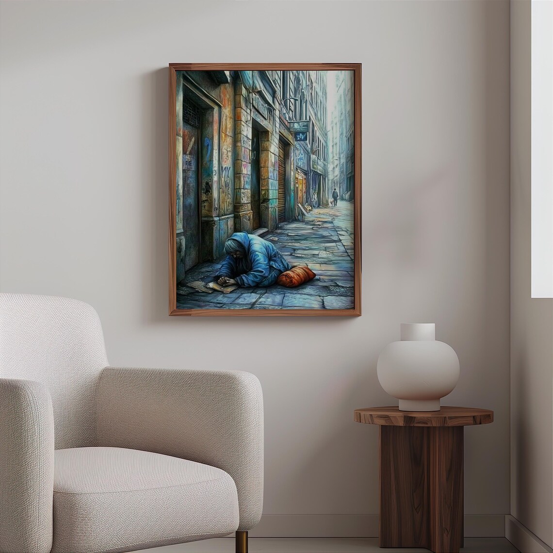 Hooded Figure Sleeping Wet Alley Blue Night Mood Photorealism Poster - Image 2