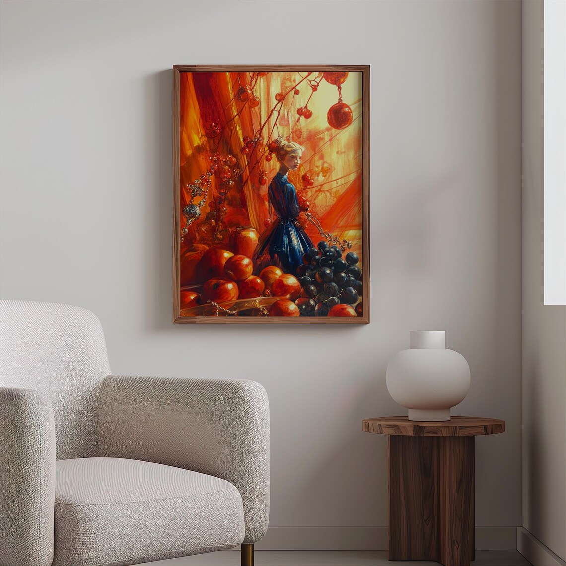 Dreamlike Woman Blue Dress Fruit Surreal Orange Still Life Art Print - Image 2