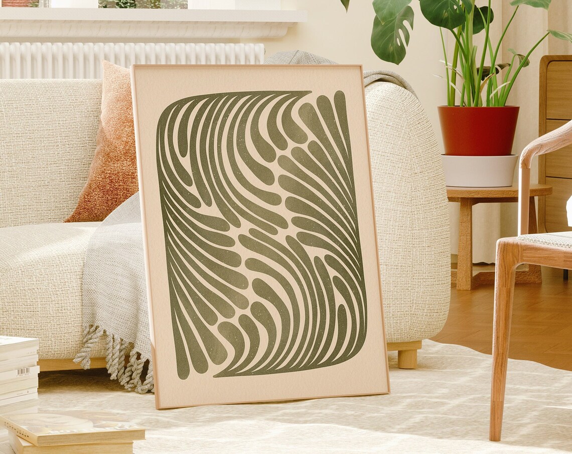 Muted Green Abstract Line Swirl Mid Century Modern Organic Art Print - Image 2