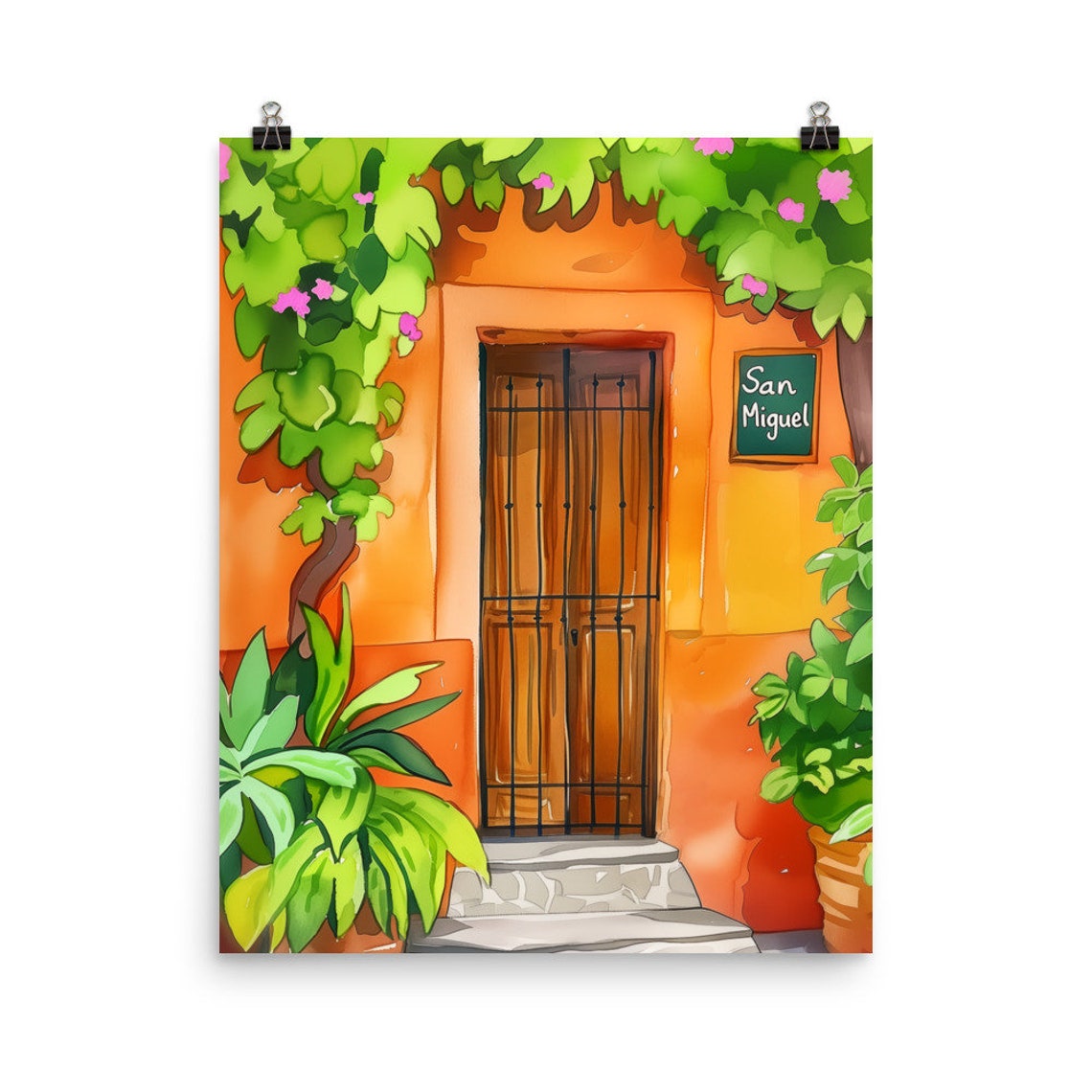 San Miguel Wooden Door With Iron Gate on an Orange Wall Poster