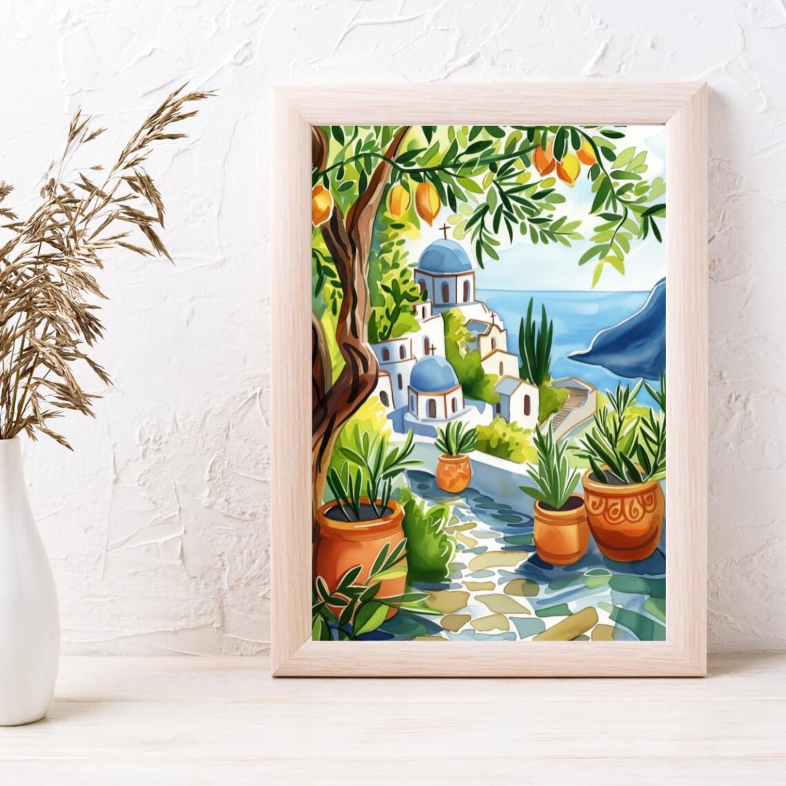 Greek Island Blue Domes with Lemon Tree Watercolor Travel Poster - Image 3