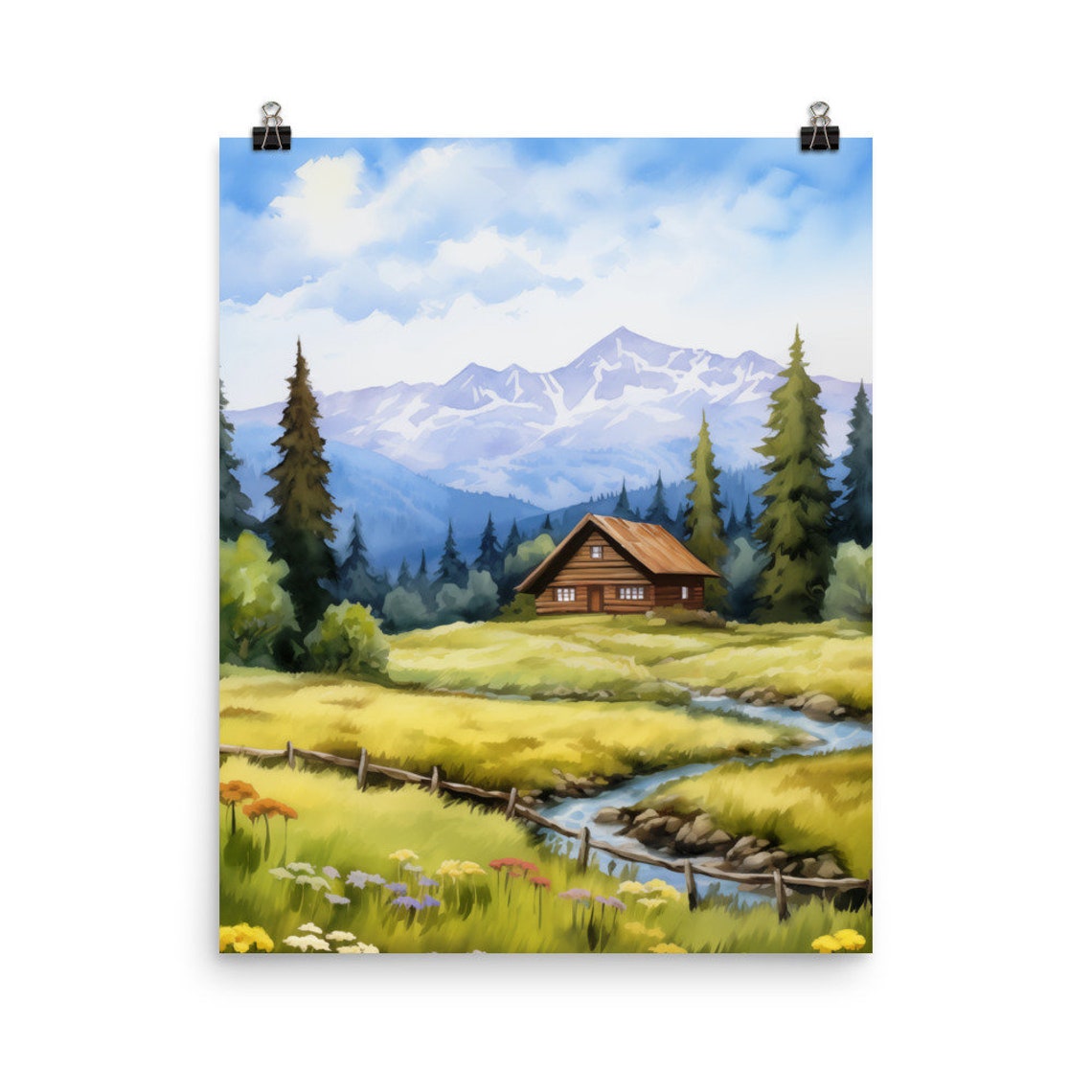 Wallowa Mountains Oregon Log Cabin Watercolor Landscape Poster
