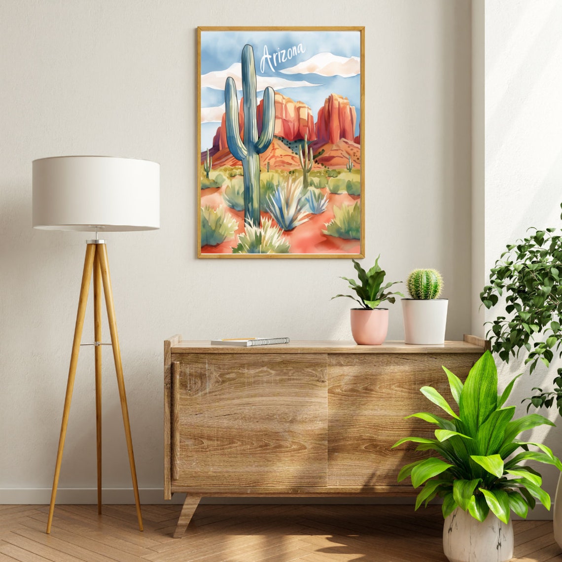 Arizona Saguaro Cactus Before Glowing Red Rock Desert Cliffs Poster - Image 2