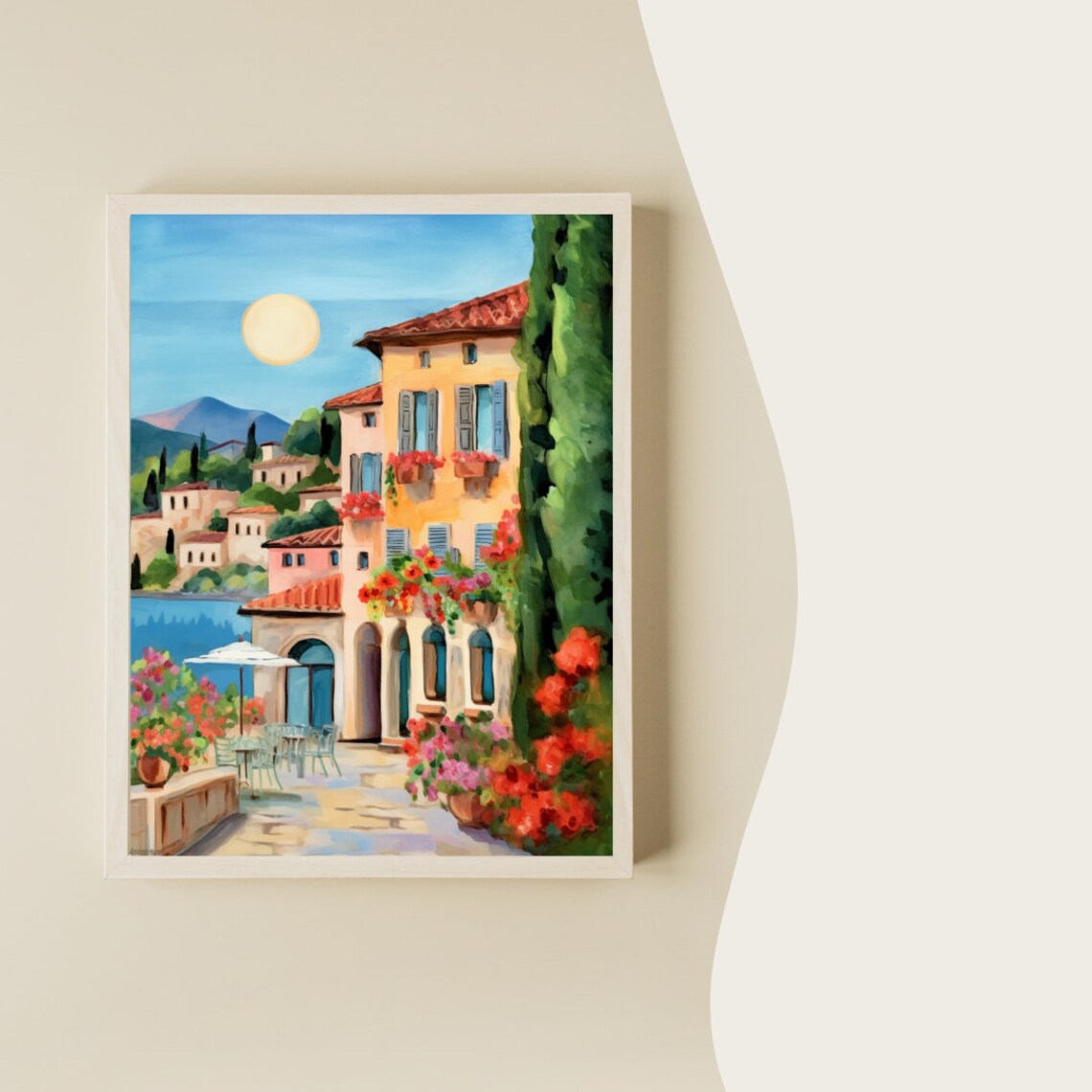 Lake Como Sunlit Lakeside Village Flower Terrace Watercolor Poster - Image 2