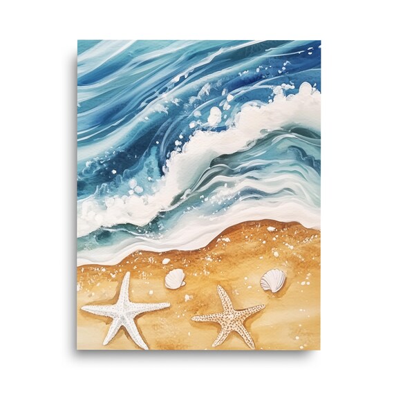 Seashell Beach Watercolor Print Tropical Wall Art Seaside Home Decor Starfish Artwork Nautical House Coastal