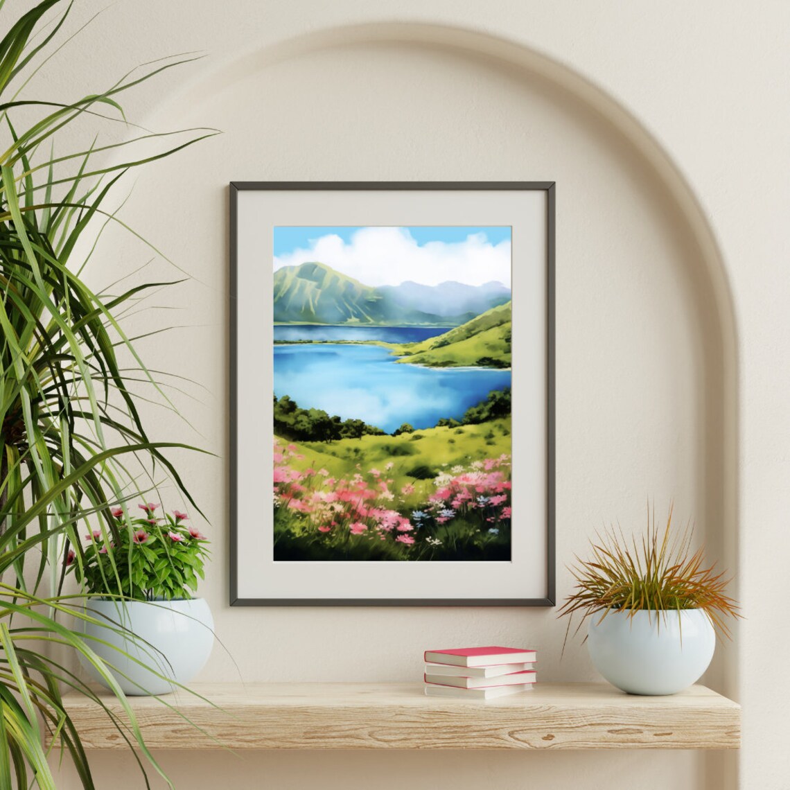 Azores Crater Lake Between Lush Green Peaks Watercolor Poster - Image 3