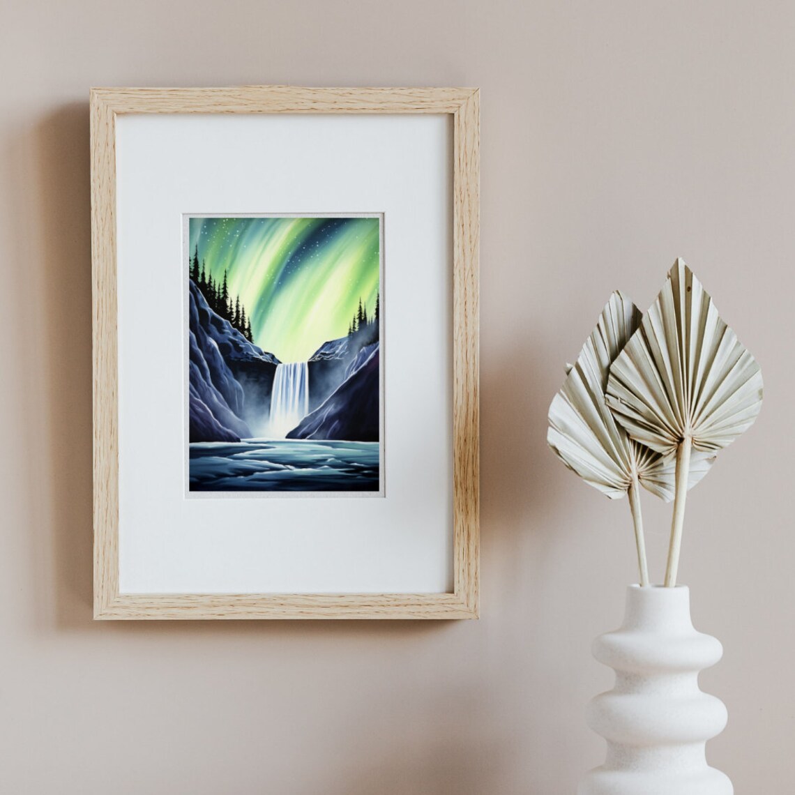 Skogafoss Waterfall Under Northern Lights Iceland Watercolor Poster - Image 3