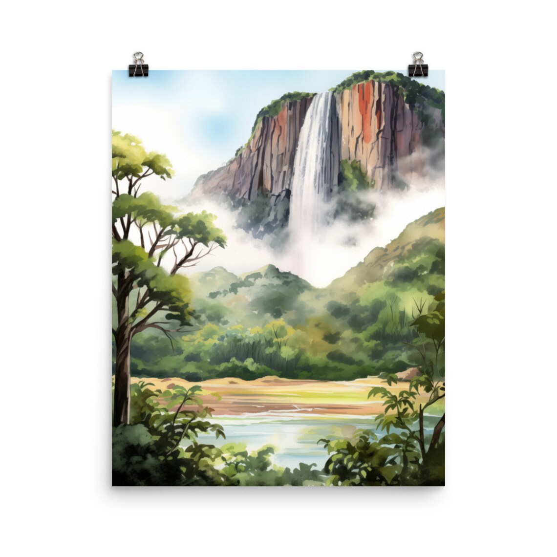 Angel Falls Venezuela Tropical Jungle Waterfall Watercolor Poster