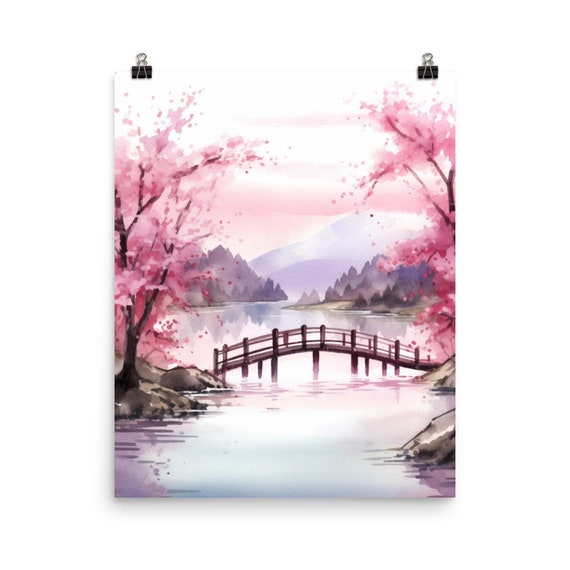 Japanese Hashi Bridge Watercolor Print, Zen Landscape