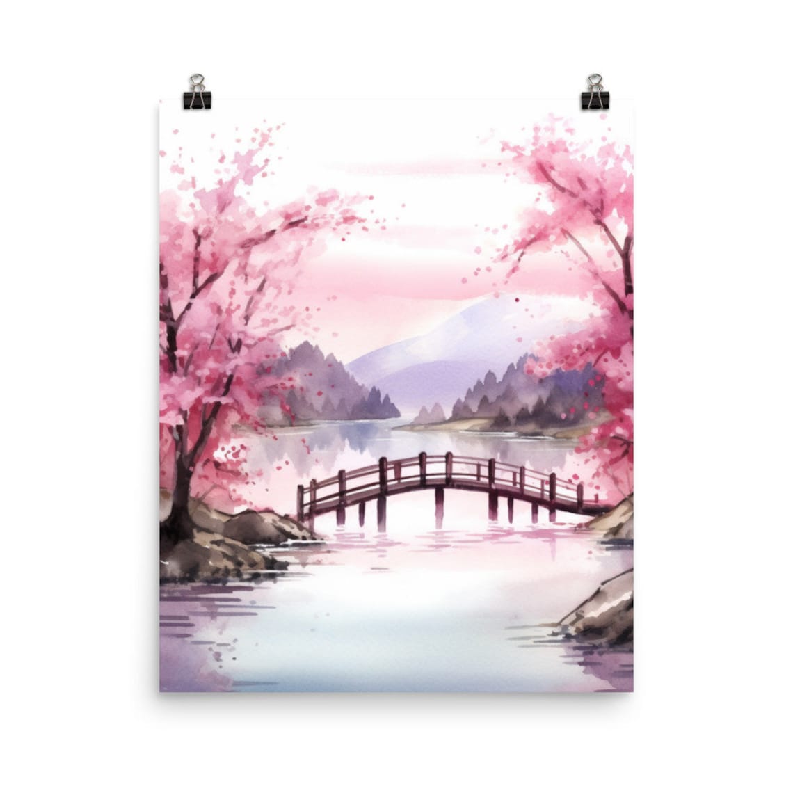 Japanese Hashi Bridge Watercolor Print, Zen Landscape