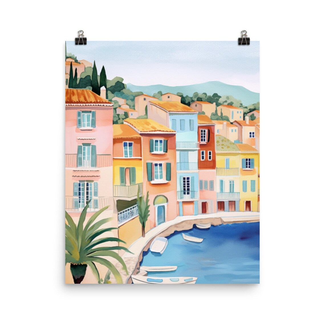 French Riviera Pastel Harbor with Moored Boats Watercolor Poster