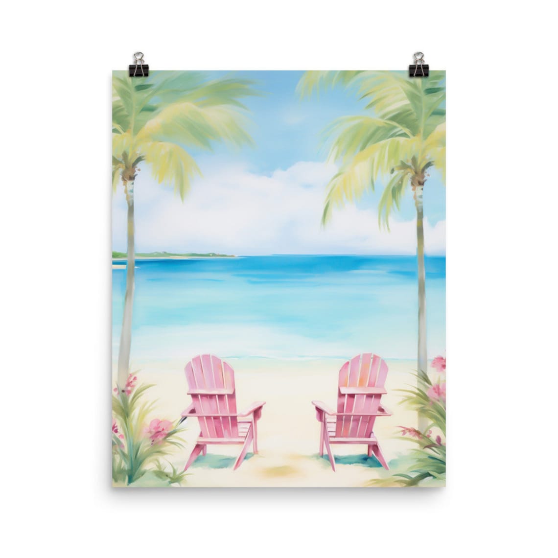 Anguilla Caribbean Beach Watercolor Pink Chairs Coastal Poster