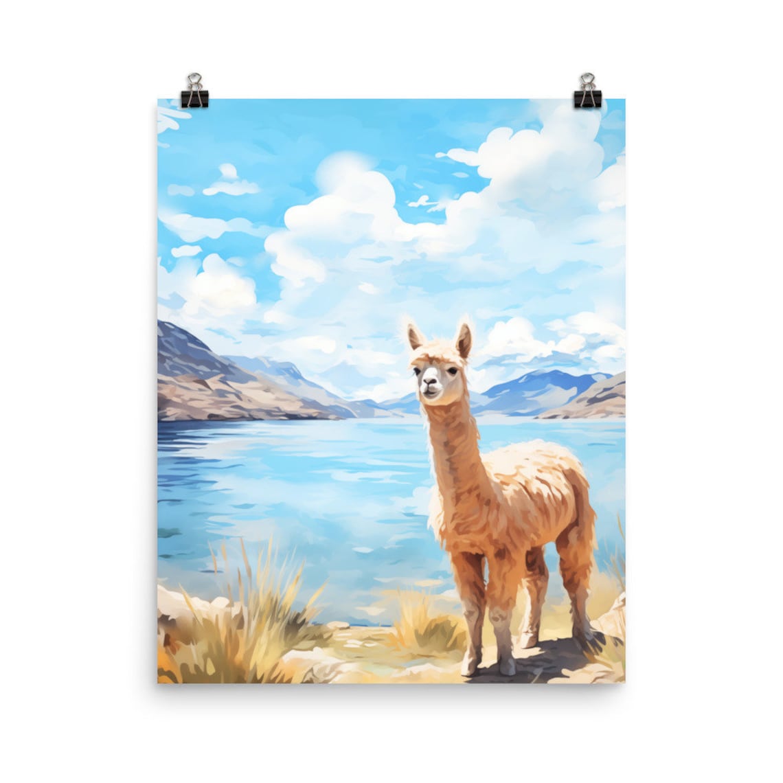 Llama By Mountain Lake Watercolor Cute Animal Painting Art Poster