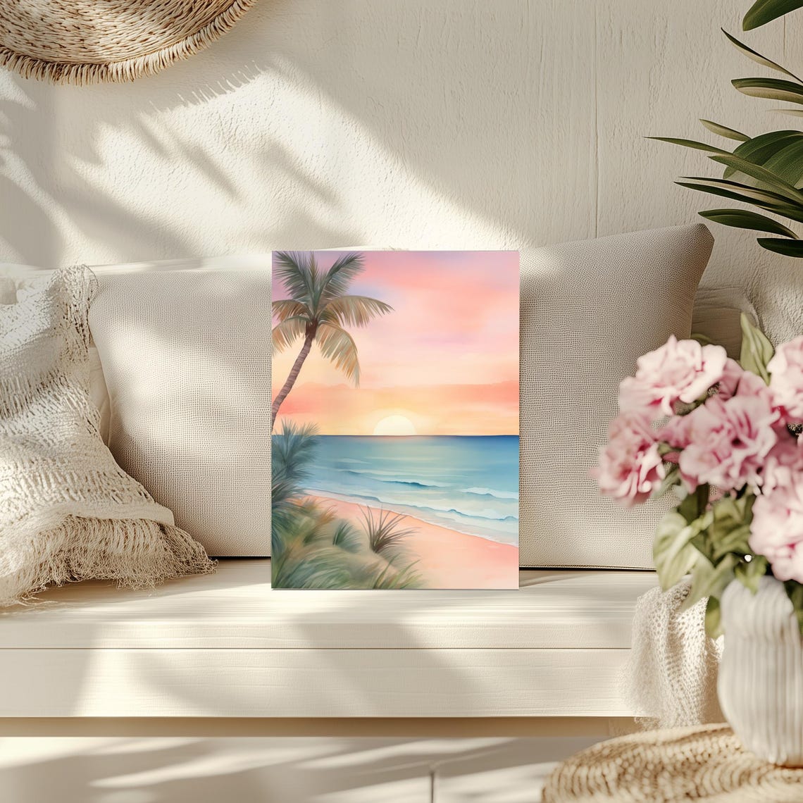 Pink Sand Beach Watercolor Palm Tree Sunset Coastal Art Poster